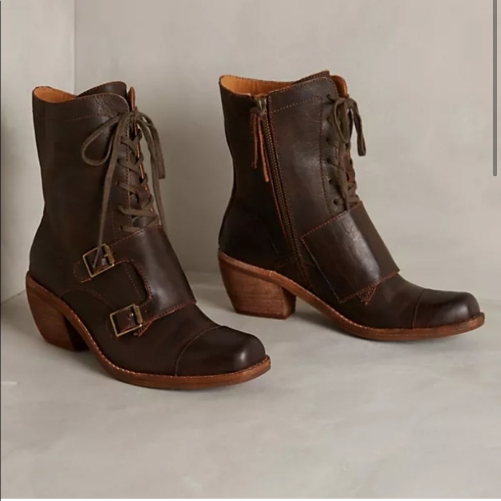Latigo Anthropologie Peace Distressed Ankle Zip Strap Heeled Leather Tobacco
